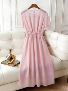 Franclia 女士优雅连衣裙、浪漫约会连衣裙、圆领连衣裙、长款连衣裙、薄纱连衣裙、粉色连衣裙、夏季连衣裙、夏季套装 - 淺粉色 - 查看 3