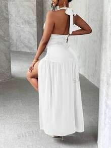 Slaydiva Vestido largo elegante, romántico y sexy con cuello en V profundo, halter y abertura en la Bottom de corte evasé - Blanco - Ver 3