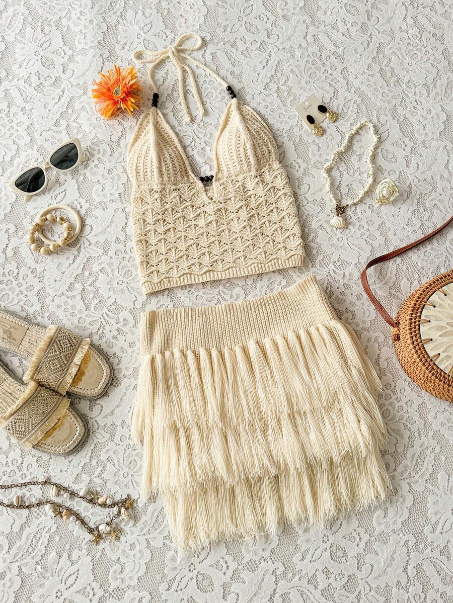 Soleia Women's Light Beige Summer Boho Beach Vacation Holiday Knit Halter V-Neck Backless Crop Top&Tassel Fringe Hem Mini Skirt 2 Pieces Set For Party,Boho - Apricot - View 1