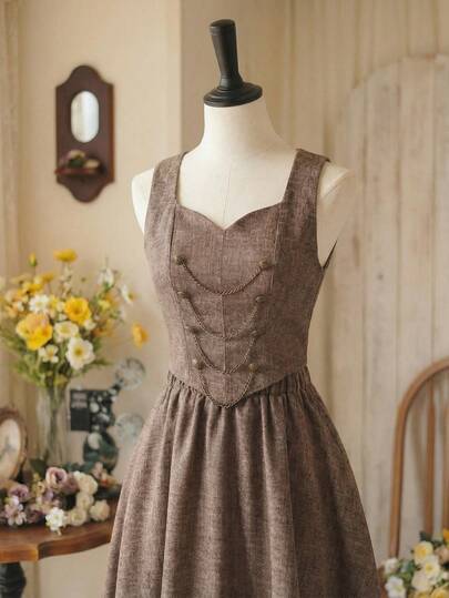 Vintamour Vintage Elegant Women 2-Piece Set With Pockets, Metal Button Chain Double-Breasted Vest Top And Skirt Suit, Casual Commute Holiday