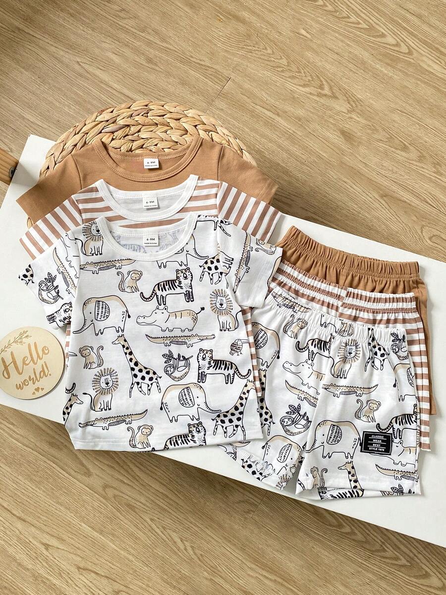 Playful Pals 6pcs/Set Newborn Baby Boy Basic Round Neck Elastic Waist Cute Animal Print & Striped Short Sleeve T-Shirt And Shorts Set, Summer - Khaki - View 1