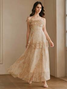Anewsta Women's Elegant Vacation Asymmetrical Ruffle Hem Spaghetti Strap Dress - Apricot - View 6