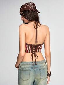 ROMWE Hippie 复古嬉皮风度假条纹露背紧身针织上衣 - 彩色 - 查看 3