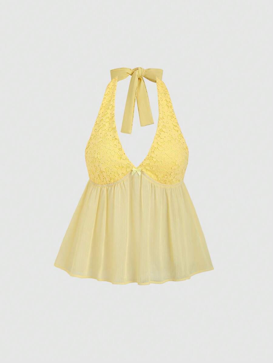SHEIN Sweetro 女士时尚性感V领低胸约会上衣,黄色褶皱蕾丝拼接吊带背心,春夏款 - 黃色 - 查看 1