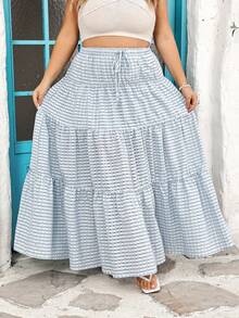 SHEIN CURVE+ Chân váy chữ A xếp ly, thắt eo, dáng suông, họa tiết sọc dành cho nữ cỡ lớn. - Xanh và trắng - Xem 4