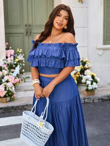 Breezaya Ensemble 2 pièces décontracté de vacances pour femmes grandes tailles : Blouse élégante à épaules dénudées, volants et taille froncée en faux denim + Jupe longue à volants - Bleu azur - Voir 6