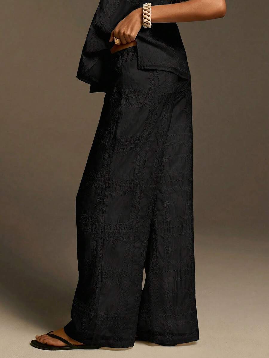 Athîral Pantalones casuales de mujer de tela bordada blanca, estilo de resort y playa, tela bordada - Negro - Ver 1