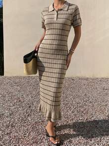 DAZY Đầm dệt kim kẻ sọc phối màu cổ bẻ thanh lịch dành cho nữ, thích hợp cho mùa hè. - Màu Khaki - Xem 3