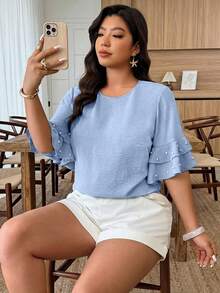 Weeklong Plus Size Women's Round Neck Ruffle Sleeve Beaded Casual Blouse, Spring/Summer - Baby Blue - View 7