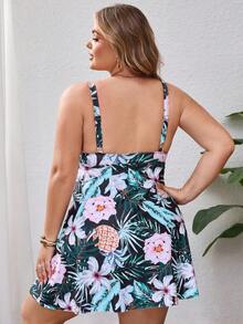 SHEIN CURVE+ Summer Beach Plus Size Tropical Print Tank Top And Shorts Tankini Set, Vacation & Beach For Summer,Beach Outfits For Woman,Bathing Suits - Black - View 2