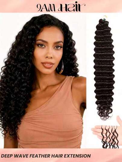  Boho Braids Feather Crochet Human Hair Deep Wave Human Hair Extensions Pre Separated Knotless Handmade Crochet Hair For Braiding Pre Looped 16-22Inch Natural Black