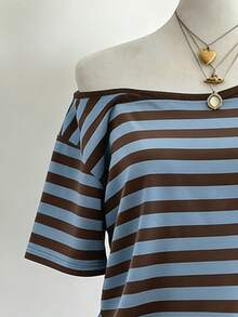 Lalippa 休闲条纹不对称领T恤，夏季 - 黑色 - 查看 3