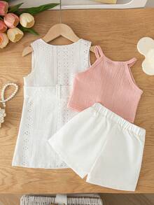 SHEIN 3pcs/Set Baby Girls' Summer New Knitted Texture Camisole Top, Hollow-Out Long Vest With Belt, Casual Loose White Short Top, Versatile Outfit For Vacation, Leisure & Sports - Pink - View 2