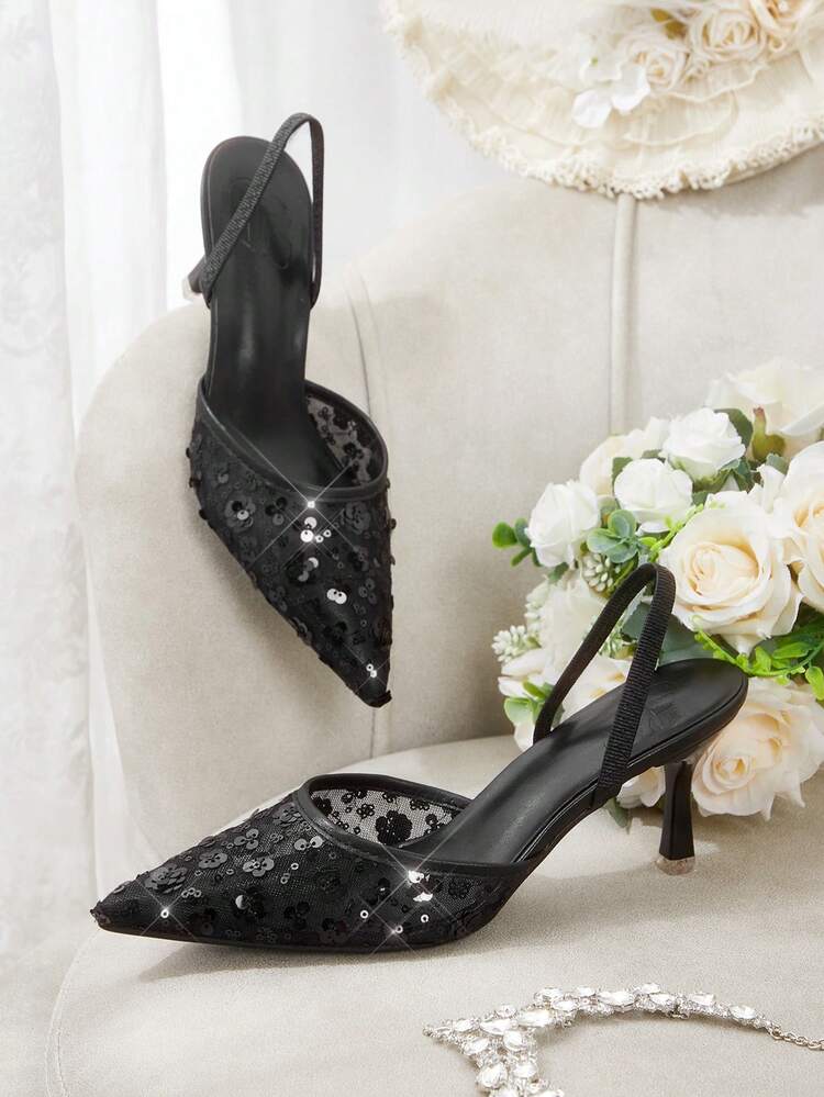 CUCCOO HITCHD Spring And Autumn New Product Black Thin Heel Pointed Mesh Sequins Fashion Women's High Heel Shoes Summer Shoes Wedding Shoes Bride Shoes