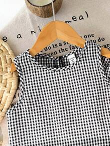 SHEIN 女童格子荷叶边吊带背心和裤子套装，休闲假日装 - 黑與白 - 查看 7