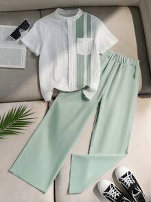 Vacaura Bộ 2 món đồ chơi bé trai: áo sơ mi kẻ sọc và quần ống rộng thời trang tối giản, phù hợp mặc hàng ngày, đi học, chơi biển. - Nhiều màu - Xem 4