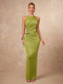 Lumalex 早春领口焦点：圆领褶皱交叉金属装饰修身连衣裙，适合女士，尽显奢华新年新风尚，低调奢华，适合舞会、聚会、宴会、优雅老派、魅力四射、闪亮节日派对、锐舞节、郊游、度假、户外、婚礼季、宴会、宰牲节、新年派对、派对礼服、蓝色连衣裙、垂坠连衣裙 - 綠色 - 查看 5