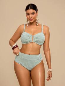 Travachic Plus Size Women Summer Beach Solid Color Casual Bikini And Triangle Panty Swimsuit Set Plus Size Bathing Suits Women - Mint Green - View 3