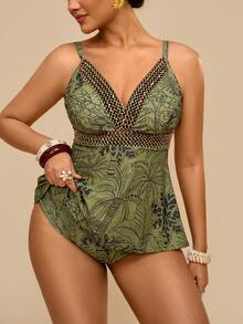 Travachic Bộ bikini cỡ lớn dành cho nữ, họa tiết cây nhiệt đới màu xanh lá cây, áo bơi hai dây cổ chữ V phối màu vàng, cạp chun co giãn. - màu xanh lá - Xem 4