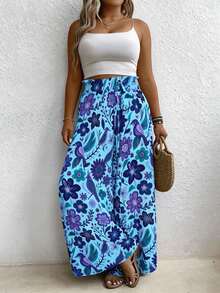 EMERY ROSE Pantalones de pierna ancha con estampado floral colorido de talla grande - Azul - Ver 3