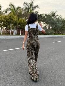 SHEIN ICON Quần yếm denim nữ in họa tiết toàn thân, phong cách đường phố thường ngày. - Màu Khaki - Xem 2