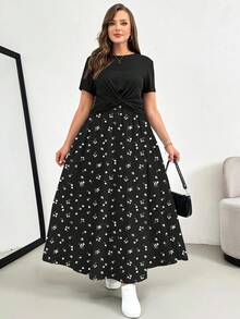 SHEIN Essnce 大码女装夏季两件套，短袖套装，印花半裙两件套，大码女装休闲舒适套装，印花女装，夏季女装家居服套装，度假两件套，两件套夏季服装，夏季女装套装 - 黑色 - 查看 4