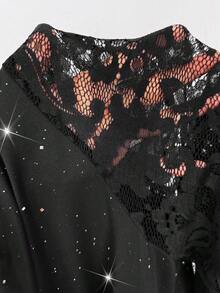 Viva Relle Vestido de encaje transparente con diseño de estampado de tela y cuello en V elegante para tallas grandes - Negro - Ver 7