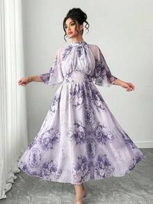 Elenzga 大码女装夏季新款印花优雅立领荷叶袖高腰修身连体连衣裙，适合休闲、通勤、度假等场合。 - 彩色 - 查看 7