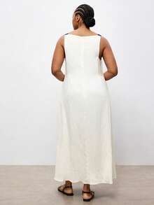 Maija 2026 春季新款大码优雅都市风白色条纹喇叭连衣裙，配黑色编织肩带，女士夏季服装，女士夏季连衣裙，最新款连衣裙，女士正装，女士褶裥连衣裙 - 米色 - 查看 2