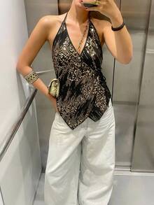 Freevana Bohemian Spaghetti Strap Beaded Embroidered V-Neck Wrap Top, Loose Fit Slimming Niche Outerwear Top, Suitable For Music Festivals - Black - View 8
