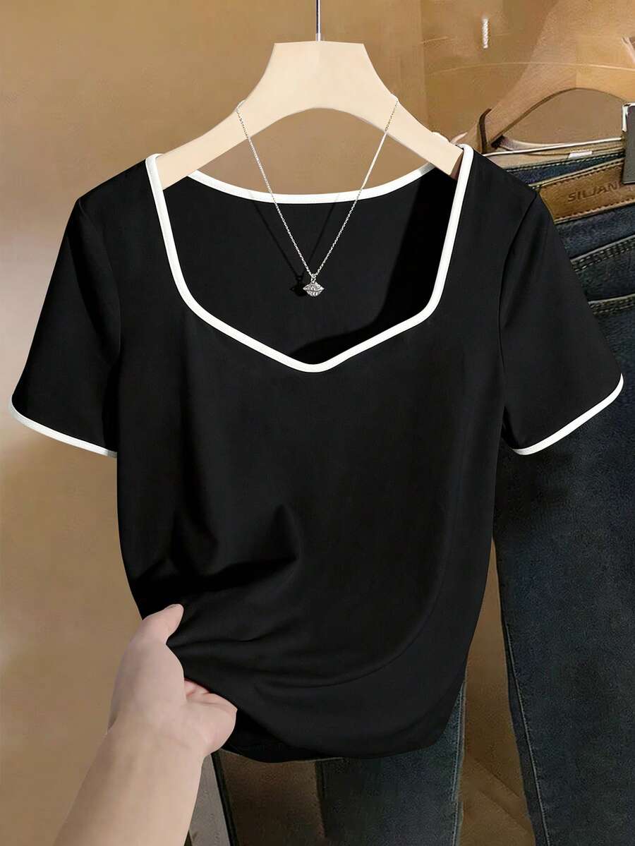 Selianne Women's Colorblock Short Sleeve Top, Versatile Daily Wear, Suitable For Casual, Commute, Date, Office, Minimalist Fashion, Everyday Wardrobe Essential - Black - View 1