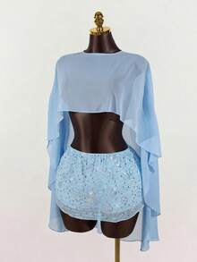 SaltGleam SaltGleam Women's Sexy Vacation Chiffon Top And Beaded Mini Slit Skirt 2 Pieces Set - Blue - View 5