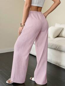 Flirla Women's Solid Color Drawstring Waist Pocket Casual Versatile Daily Wear Wide Leg Pants - Baby Pink - View 2