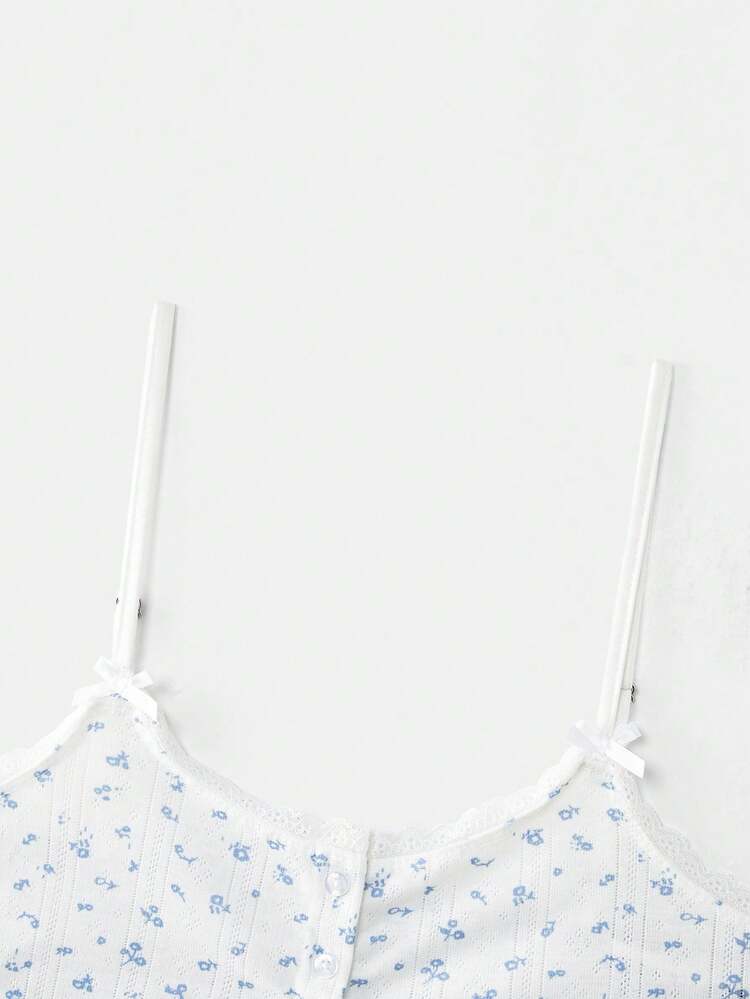 White Floral Lingerie Set With Blue Tiny Flowers, Buttoned Bralette And Matching Panties Cute Lingerie Spring Summer Style French Style Parisian Style