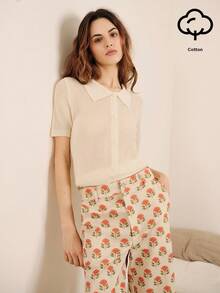 lacRébo High-Waisted Straight-Fit White Pants With Red Geometric Floral Pattern Spring Summer French Style Parisian Style - Multicolor - View 1