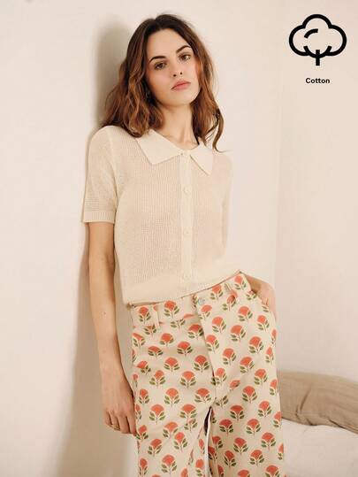 lacRébo High-Waisted Straight-Fit White Pants With Red Geometric Floral Pattern Spring Summer French Style Parisian Style