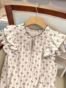 GlowEve CURVE Women's Plus Size Beige Floral Bow Print Blouse,Elegant Summer Tea Party Ruffle Trim Tie Waist Sleeveless Top,Cute Casual Working Outfits Blouses - Apricot - View 4