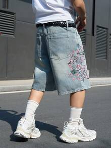 Manfinity EMRG Men's Casual Street Style Embroidered Blue Denim Shorts - Light Wash - View 4