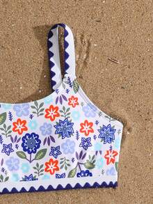 SHEIN Tween Girls Cute Bikini Sets,White Multicolor Floral & Leaf Print 2pcs Swimwear,Summer Vacation Holiday Beach Bathing Suits,Pool Party Bikini Set - Purple - View 4