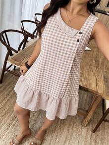 Weeklong Plus Size Women's Asymmetric Placket Button Loose Short Plaid Dress, Casual Vacation Outfit, Spring/Summer - Multicolor - View 5