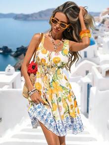 Vivid Eden Women's White And Yellow Summer Boho Beach Vacation Holiday Square Neck Knot Cinched Waist Citrus Fruit Lemon Print Dress Tropical Outfit,Graduation - Yellow - View 5