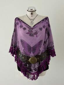 Sunspun Áo choàng Poncho kiểu dáng Boho thanh lịch mới, chất liệu chiffon nhăn, in họa tiết phối hợp, viền tua rua, thích hợp cho kỳ nghỉ Xuân/Hè/Thu. - Màu tím - Xem 1