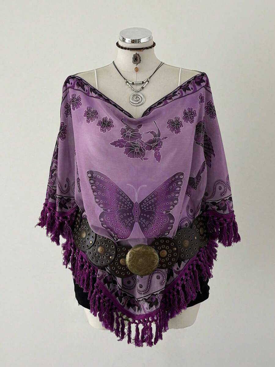 Sunspun Áo choàng Poncho kiểu dáng Boho thanh lịch mới, chất liệu chiffon nhăn, in họa tiết phối hợp, viền tua rua, thích hợp cho kỳ nghỉ Xuân/Hè/Thu. - Màu tím - Xem 1