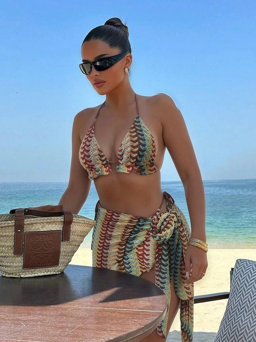 Swim SXY 女士三件套泳装：三角吊带上衣，露背设计，蝴蝶结装饰，侧系带泳裤，裹身裙，高端度假比基尼 - 彩色 - 查看 1