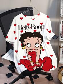 Betty Boop x SHEIN Áo thun tay ngắn cổ tròn in họa tiết tối giản cỡ lớn - trắng - Xem 1