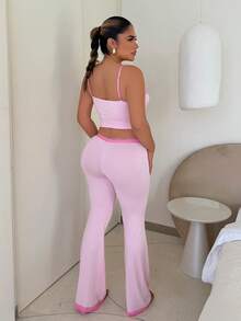 Maria Perezxox 女士 2 件套蕾丝吊带背心和喇叭裤，女孩休闲装粉色喇叭裤套装蕾丝边两件套 - 粉色 - 查看 2