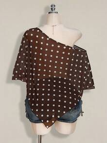 SHEIN ICON 大码女式黑白波点不对称肩部网纱上衣 - 棕色 - 查看 2