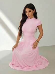 SHEIN PETITE 女士纯色褶皱领优雅收腰长款派对连衣裙 - 粉色 - 查看 6