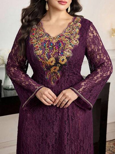 Al Najma 加大码V领蕾丝拼接刺绣优雅长袖土耳其阿拉伯传统长裙