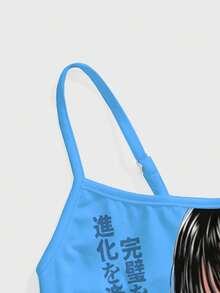 ROMWE Áo hai dây mùa hè gợi cảm in hình cô gái anime cổ điển dành cho nữ. - Màu xanh lam - Xem 5